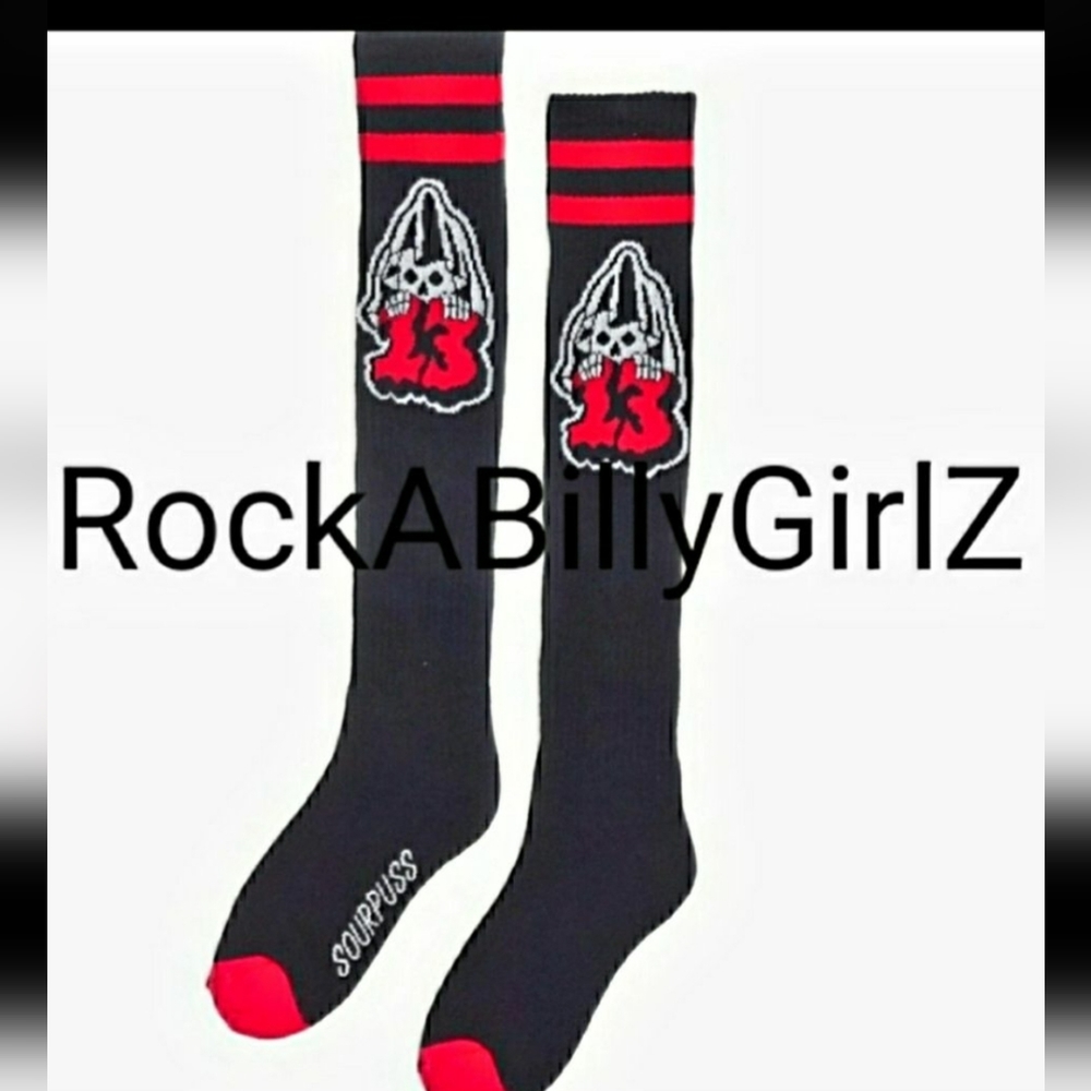 Sourpuss Grim Reaper Lucky 13 Vintage Tattoo Flash Red Double Stripe 16" Socks